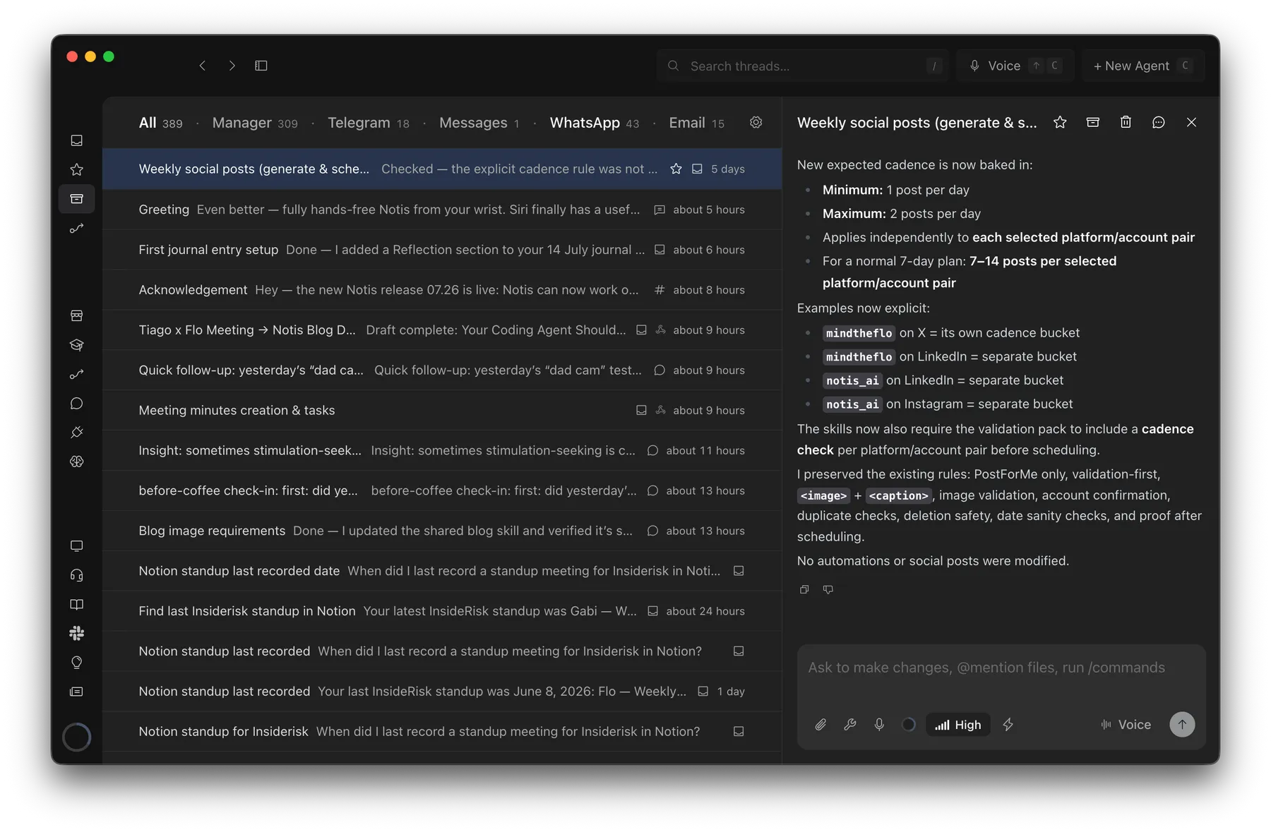 Notis desktop app showing the unified inbox and an active agent thread